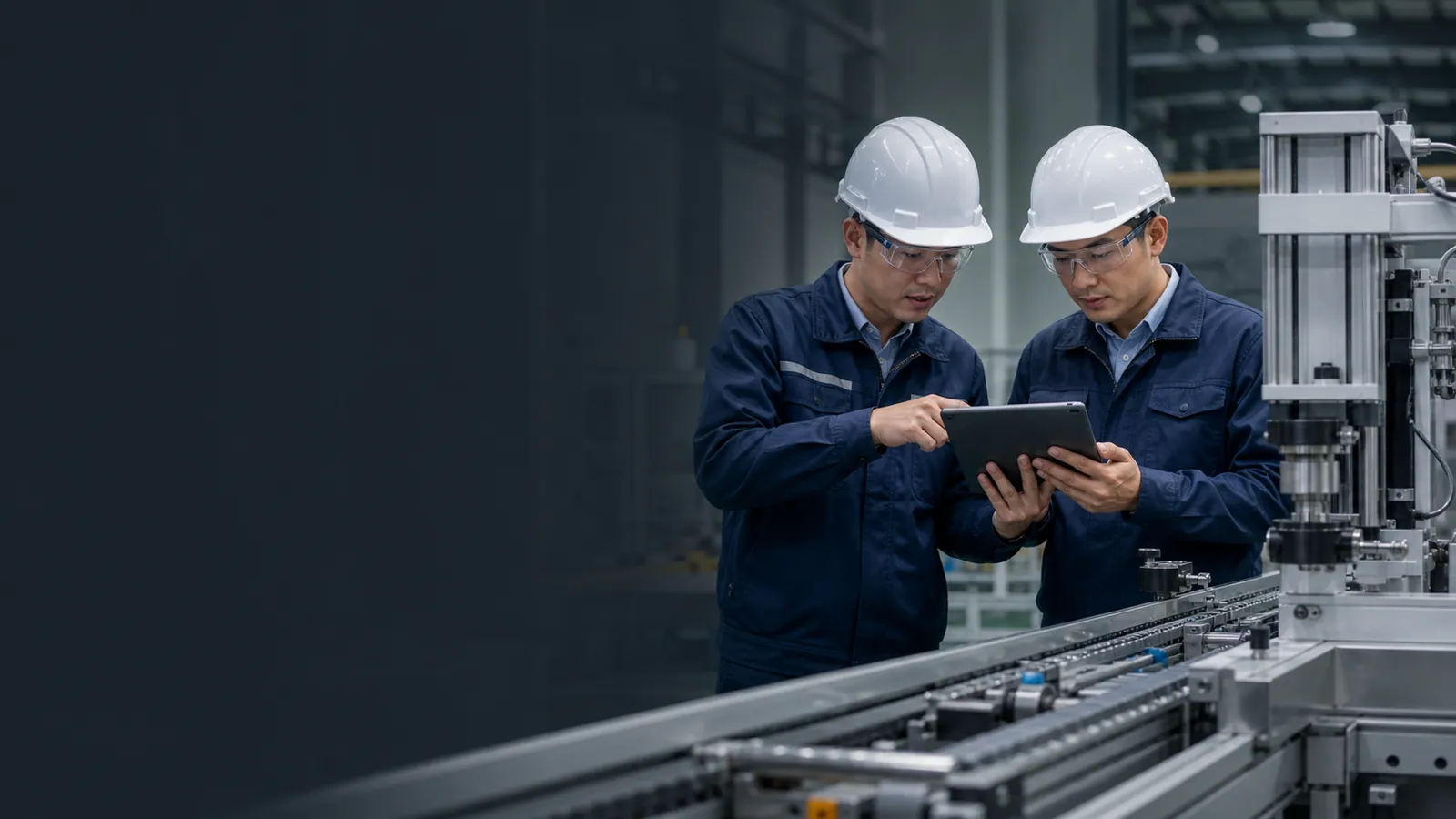 Conceptual industrial scene of engineers reviewing automated production equipment
